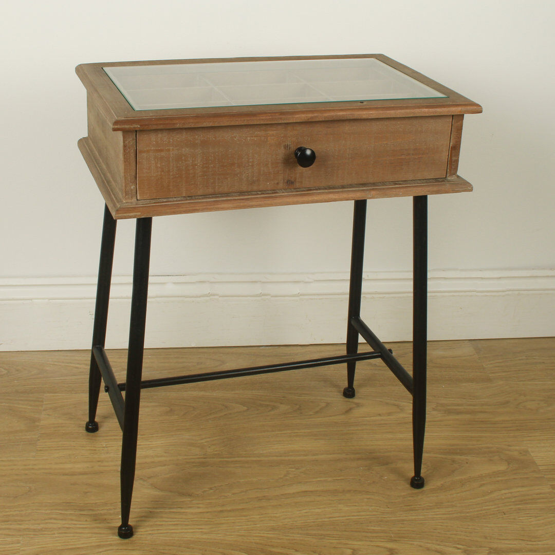 Rio Ettinger Glass Top End Table with Built-In Outlets Natural Wood 61cm H X 48cm W X 30cm D