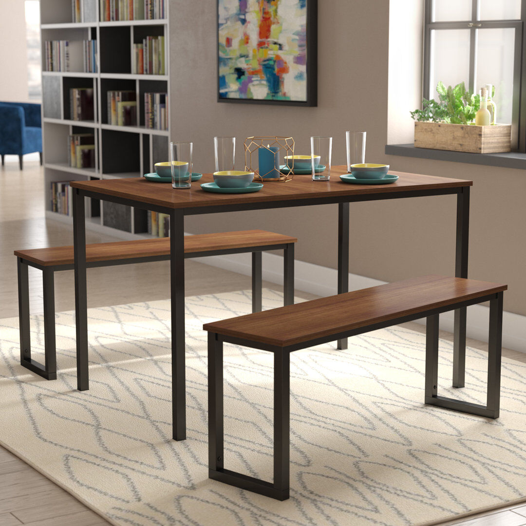 Latitude Run Winterton 3-Piece Dining Table and Bench Set – Space-Saving Kitchen Table with Sturdy Steel Frame & MDF Wood Surface – Seats 2-4 – Small Dining Set - Rich Brown/Black 4