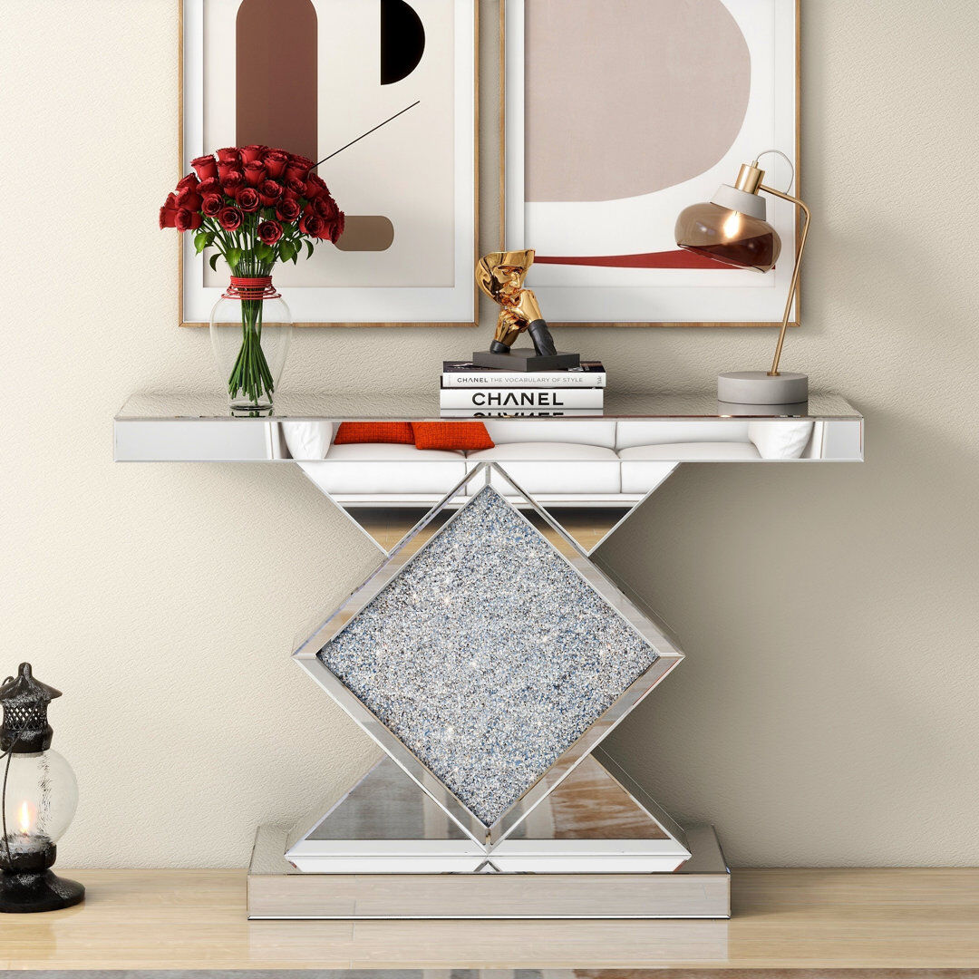 Canora Grey Andreja Mirrored Glass Console Table with Crushed Diamond Inlay Silver 80cm H X 120cm W X 35cm D