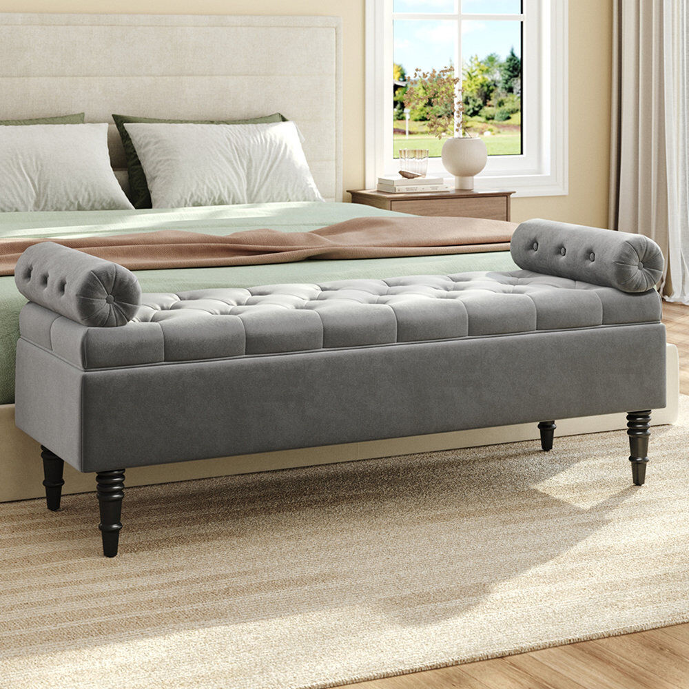 Rosdorf Park Ethelsville Upholstered Flip Top Storage Bench with Side Arms Grey Velvet 56cm H X 126cm W X 44cm D