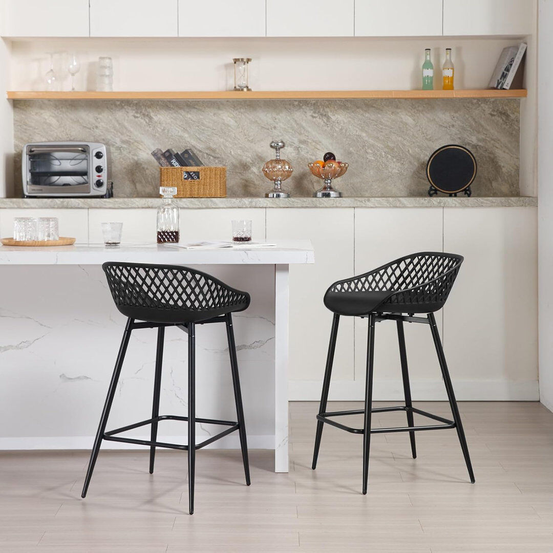 George Oliver Bar stool set with hollow backrest, kitchen chair with wide seat, bistro chair with footrest, stool with metal legs, outdoor bar terrace, made of PP p Black 84.5cm H X 44cm W X 47cm D