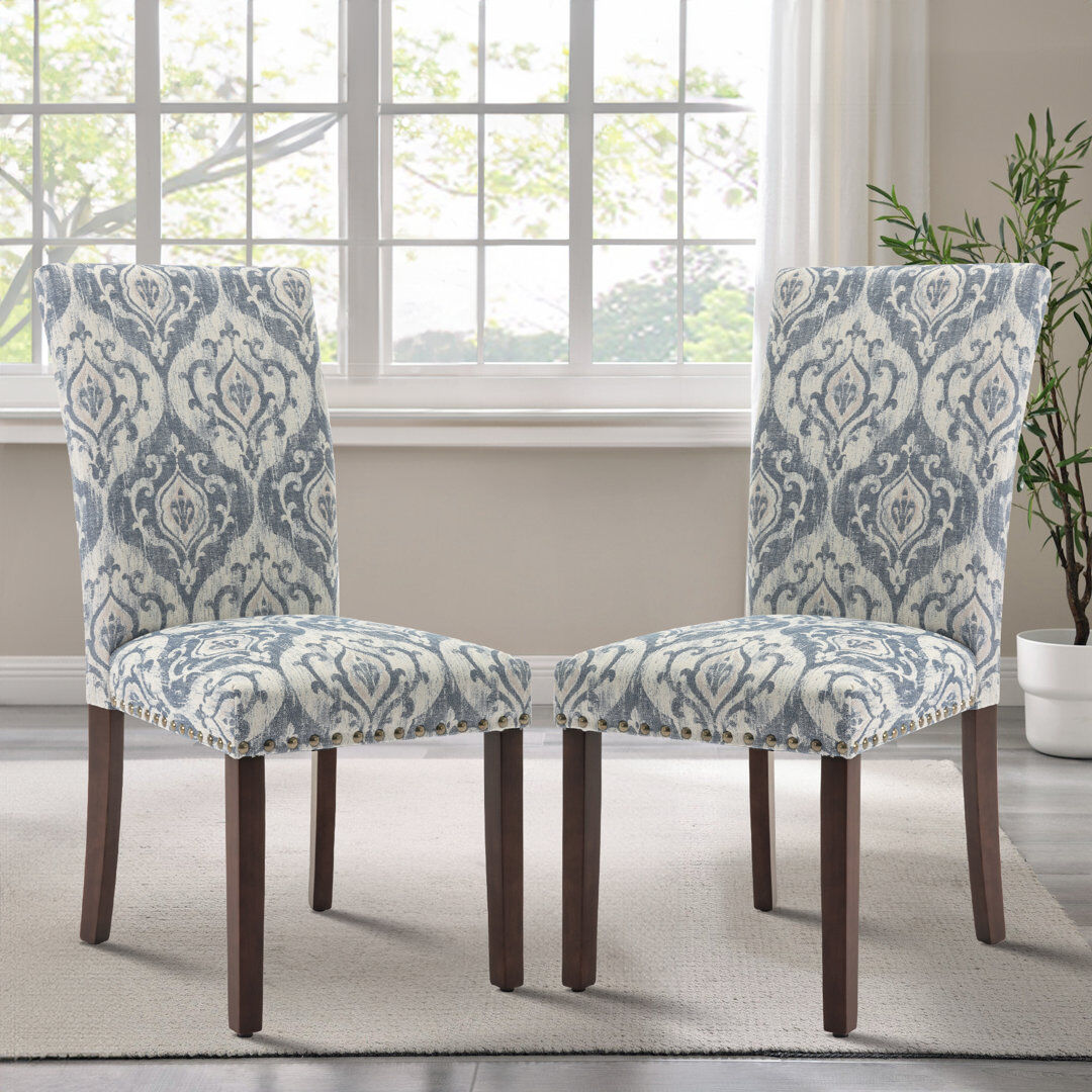 Winston Porter Nailhead Trim Leather/Fabric Upholstered Side Chair Wooden Dining Chair Sky Print 98.5cm H X 48.4cm W X 65.5cm D