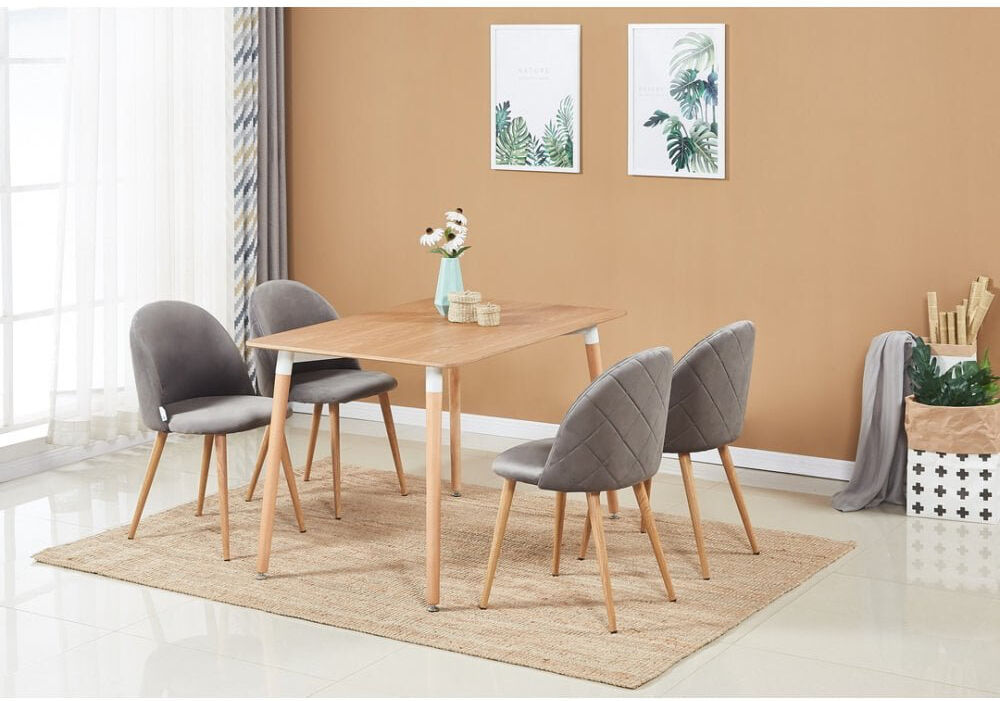 Norden Home Totnes 4 Person Dining set - a Rectangular Plastic Dining Table with Wooden Legs and a Set of 4 Quilted Velvet Dining Chairs for Dining Room - Modern Grey/Brown 4