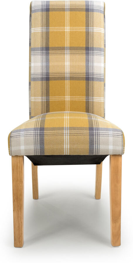 Brambly Cottage Karta Scroll Back Check Yellow Dining Chair Natural Wood 98cm H X 45cm W X 60cm D
