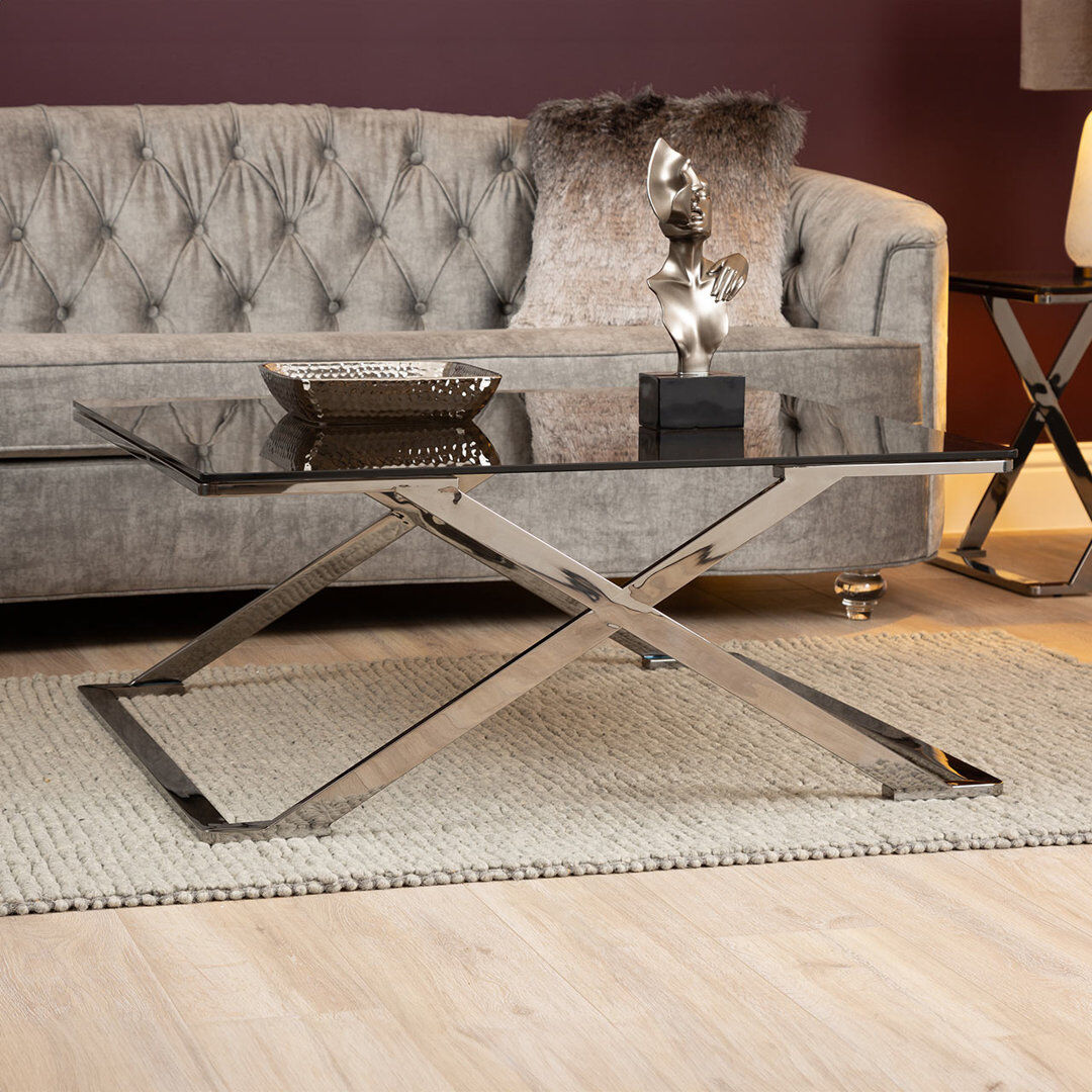 Canora Grey Ayaa 100cm Wide Metal Coffee Table for Living Room Furniture, Modern Glass Top Centre Table Silver/Black 45cm H X 100cm W X 100cm D