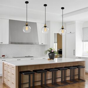 Corrigan Studio 3PCS Vintage Glass Pendant Light, Industrial Ceiling Pendant Lights With Clear Glass Globe Shade Matte Black 126.5cm H X 20cm W X 20cm D