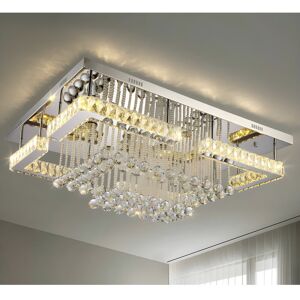 Canora Grey Crystal LED Ceiling Light, Stainless Steel K9 Modern Flush Mount Fixture, Square Chandelier with Glass Droplets. Ideal Ceiling Lamp for Dining Room, L Silver 30cm H x 70cm W x 50cm D