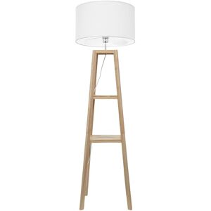 George Oliver Ernstville Quad Base Two Shelf Wooden Floor Lamp with White Fabric Shade and LED Bulb 148cm H X 45cm W X 45cm D