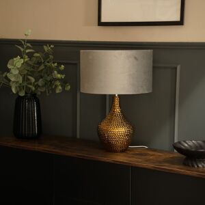 Fairmont Park Deshi Metallic Gold Ceramic Table Lamp with Blush Velvet Reni Shade and 6W GLS Warm White Bulb Grey 36.5cm H X 79.5cm D Fairmont Park Deshi Metallic Gold Ceramic Table Lamp with Blush Velvet Reni Shade and 6W GLS Warm White Bulb Grey 36.5cm H X 79.5cm D