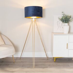 Fairmont Park Agustiniano Hairpin Gold Tripod Floor Lamp with Velvet and Gold Drum Lamp Shade Blue 141cm H X 59cm W X 59cm D Fairmont Park Agustiniano Hairpin Gold Tripod Floor Lamp with Velvet and Gold Drum Lamp Shade Blue 141cm H X 59cm W X 59cm D