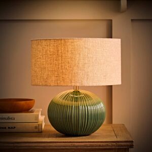 Metro Deenah Green Ribbed Ceramic Table Lamp with Linen Drum Shade and Bulb Green 32cm H X 30cm W X 30cm D Metro Deenah Green Ribbed Ceramic Table Lamp with Linen Drum Shade and Bulb Green 32cm H X 30cm W X 30cm D