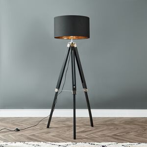 Metro Floor Lamp Tripod Black Wood/Chrome Light With Black Drum Shade With Gold Inner Drum Shade Black/Black 155cm H X 72cm W X 72cm D Metro Floor Lamp Tripod Black Wood/Chrome Light With Black Drum Shade With Gold Inner Drum Shade Black/Black 155cm H X 72cm W X 72cm D