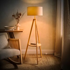 Brayden Studio Ismay 149 cm Morrigan Wood Tripod Floor Lamp with Shelf & XL Reni Shade Biege/Light Brown 149cm H X 55cm W X 55cm D Brayden Studio Ismay 149 cm Morrigan Wood Tripod Floor Lamp with Shelf & XL Reni Shade Biege/Light Brown 149cm H X 55cm W X 55cm D