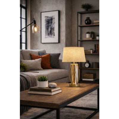 Fairmont Park Alexarae 50cm Glass & Metal Table Lamp with linen shade Gold/Beige 50cm H X 33cm W X 33cm D Fairmont Park Alexarae 50cm Glass & Metal Table Lamp with linen shade Gold/Beige 50cm H X 33cm W X 33cm D
