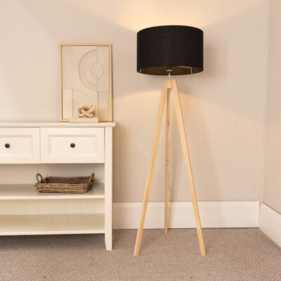 Fjørde & Co Barneveld Natural Wood Tripod Floor Lamp with Fabric Lamp Shade Black 150cm H X 45cm W X 45cm D Fjørde & Co Barneveld Natural Wood Tripod Floor Lamp with Fabric Lamp Shade Black 150cm H X 45cm W X 45cm D