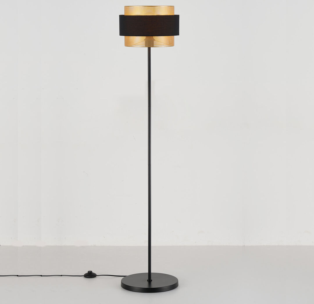 Fairmont Park Modern Floor Lamp, Black Fabric And Gold Mesh Metal Shade 141cm H X 30cm W X 30cm D