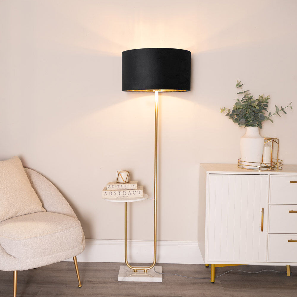 Fairmont Park Ahlayla Floor Lamp with Table and Velvet with Inner Lamp Shade and LED Bulb Brushed/White/Black/Gold 146cm H X 54cm W X 35cm D