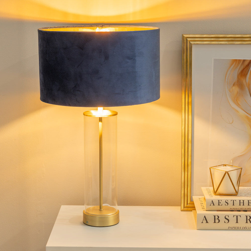 Fairmont Park Ahedo Glass with Table Lamp and Velvet with Metallic Inner Lamp Shade and LED Bulb Clear/Gold Base/Blue Shade 56cm H X 35cm W X 35cm D