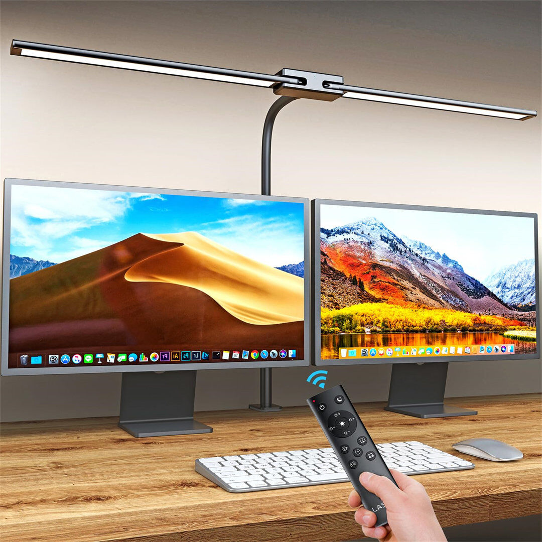 Ivy Bronx LED Desk Lamp With Remote Control & 32.5" Wide Double Head, Architect Desk Lamp For Home Office With Clamp, Timer, 24W Ultra Bright Gooseneck Desk Lam Black 68cm H X 82.5cm W X 6.20cm D