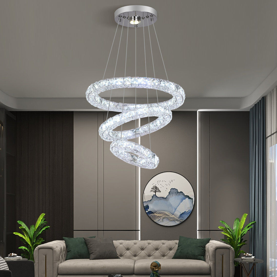 Canora Grey Modern Crystal Chandelier, 3 Rings Round Led Ceiling Light Recessed Mount Stainless Steel Pendant Light Fixture For Bedroom Dining Room Living Room,tw Chrome 40cm W X 40cm D