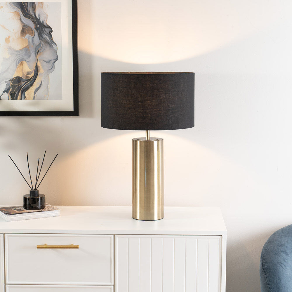 Fairmont Park Lexy Fabric Drum Shade with Brushed Dimmable Touch Table Lamp with LED Bulb Gold/Black 46cm H X 22.5cm W