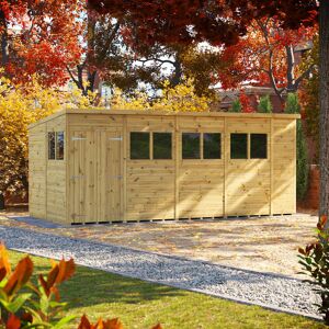 Powersheds 18 x 8ft Premium Pressure Treated Timber Pent Garden Shed, Double Doors Brown;Green 260.4cm W X 552.2cm D X 224.8cm H