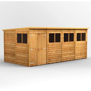 Powersheds 16 x 8ft Timber Overlap Pent Garden Shed, Double Doors Brown 260.4cm W X 489.6cm D X 202.8cm H
