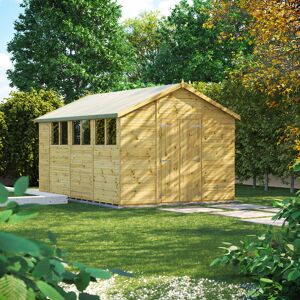 Powersheds 14 x 10ft Premium Pressure Treated Timber Apex Garden Shed, Double Doors Brown;Green 449.4cm W X 317cm D X 260.6cm H