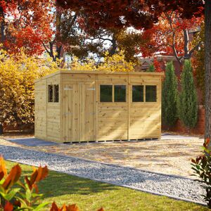 Powersheds 12 x 8ft Premium Pressure Treated Timber Pent Garden Shed, Double Doors Brown 260.4cm W X 373.2cm D X 224.8cm H