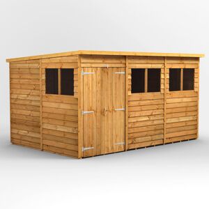 Powersheds 12 x 8ft Timber Overlap Pent Garden Shed, Double Doors Brown 260.4cm W X 370.6cm D X 202.8cm H
