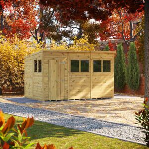 Powersheds 12 x 8ft Premium Pressure Treated Timber Pent Garden Shed Green;Beige 260.4cm W X 373.2cm D X 224.8cm H