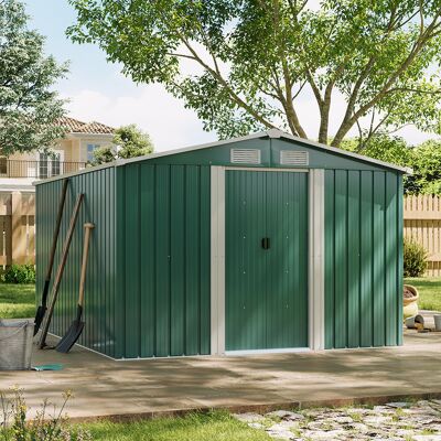 Dakota Fields Ajay 8ft. W x 10ft. D Metal Apex Tool Shed Dark Green 257cm W X 312cm D X 178cm H Dakota Fields Ajay 8ft. W x 10ft. D Metal Apex Tool Shed Dark Green 257cm W X 312cm D X 178cm H