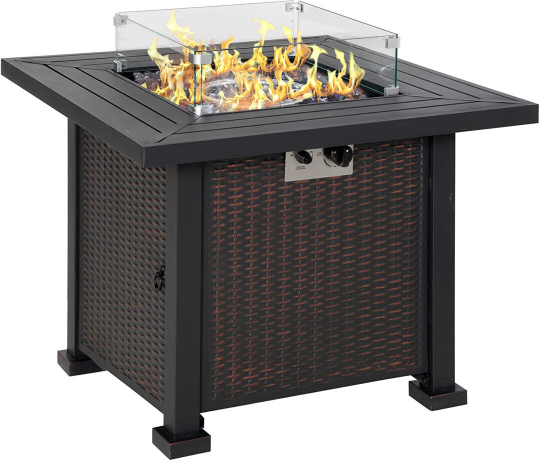 Brayden Studio Bulhary Square Propane Gas Fire Pit Table, 50000 BTU Rattan Smokeless Firepit Patio Heater with Glass Screen Black 65.5cm H X 81.5cm W X 81.5cm D