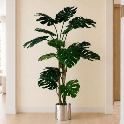 Leaf 150cm Faux Monstera Tree in Metal Pot Silver 150cm H X 70cm W X 70cm D Leaf 150cm Faux Monstera Tree in Metal Pot Silver 150cm H X 70cm W X 70cm D