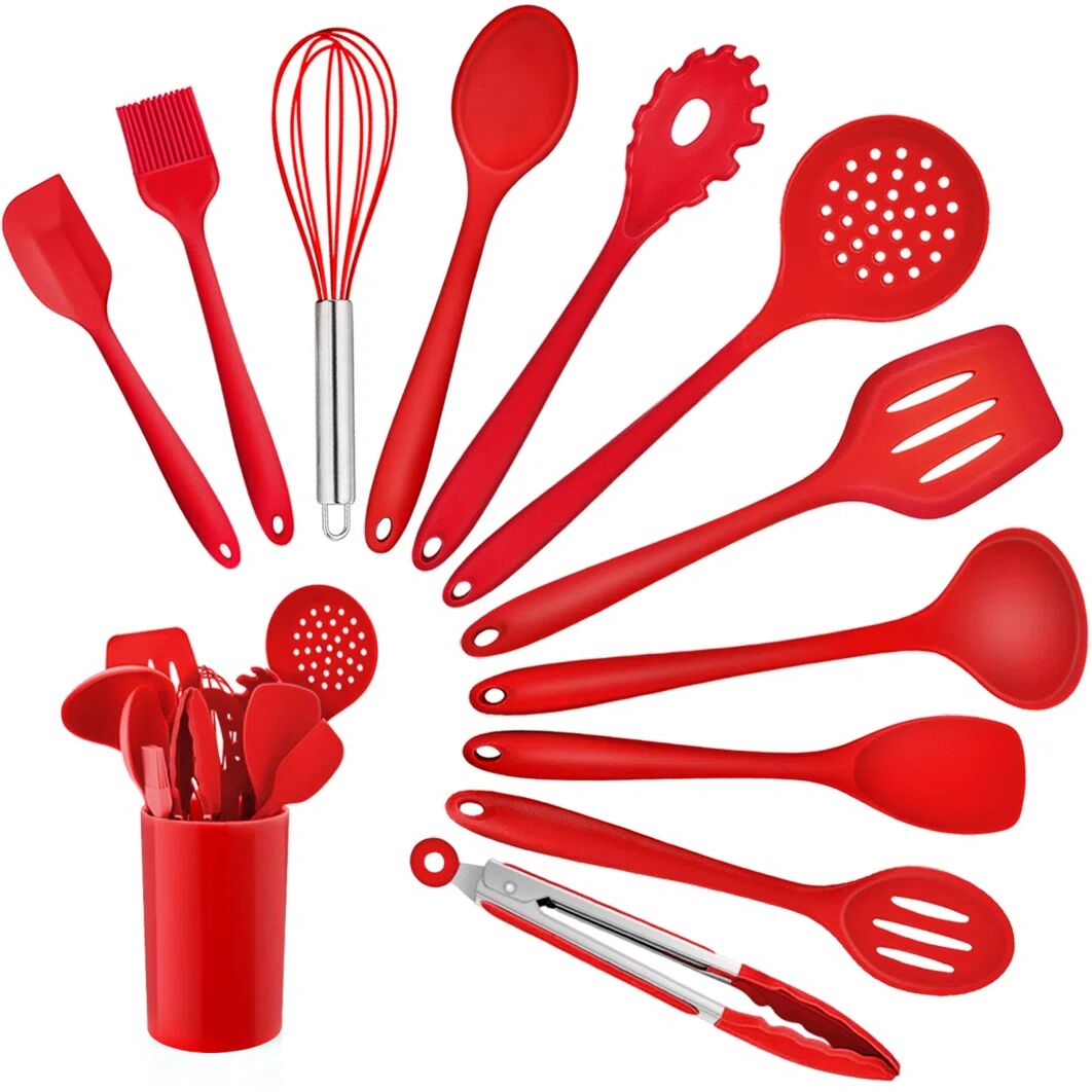 Ebern Designs Kitchen Utensil Set, 12 Piece Cooking Utensils, Silicone Kitchen Utensils Set With Holder, Heat Resistant Kitchen Tools Include Spoons Turner Spatula red