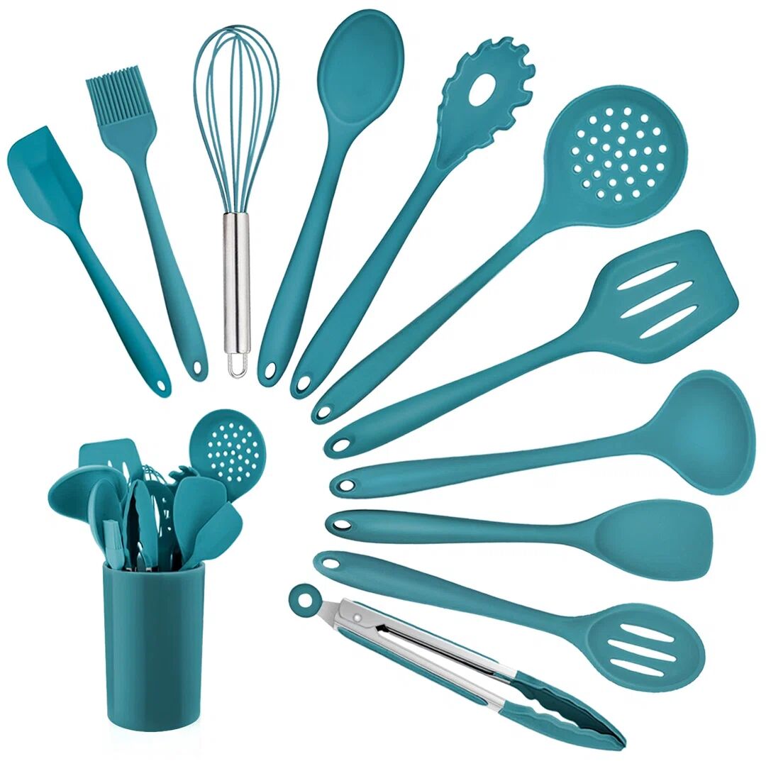 Ebern Designs Kitchen Utensil Set, 12 Piece Cooking Utensils, Silicone Kitchen Utensils Set With Holder, Heat Resistant Kitchen Tools Include Spoons Turner Spatula blue