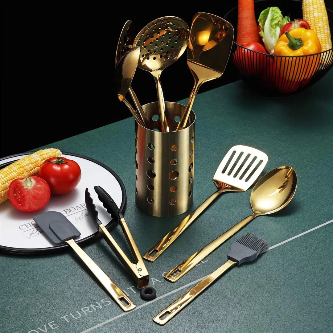 Belfry Kitchen Gold Cooking Utensils Set, Stainless Steel 13 Pieces Kitchen Utensils Set With Titanium Gold Plating, Kitchen Tools Set With Utensil Holder, Dishwashe gray/yellow