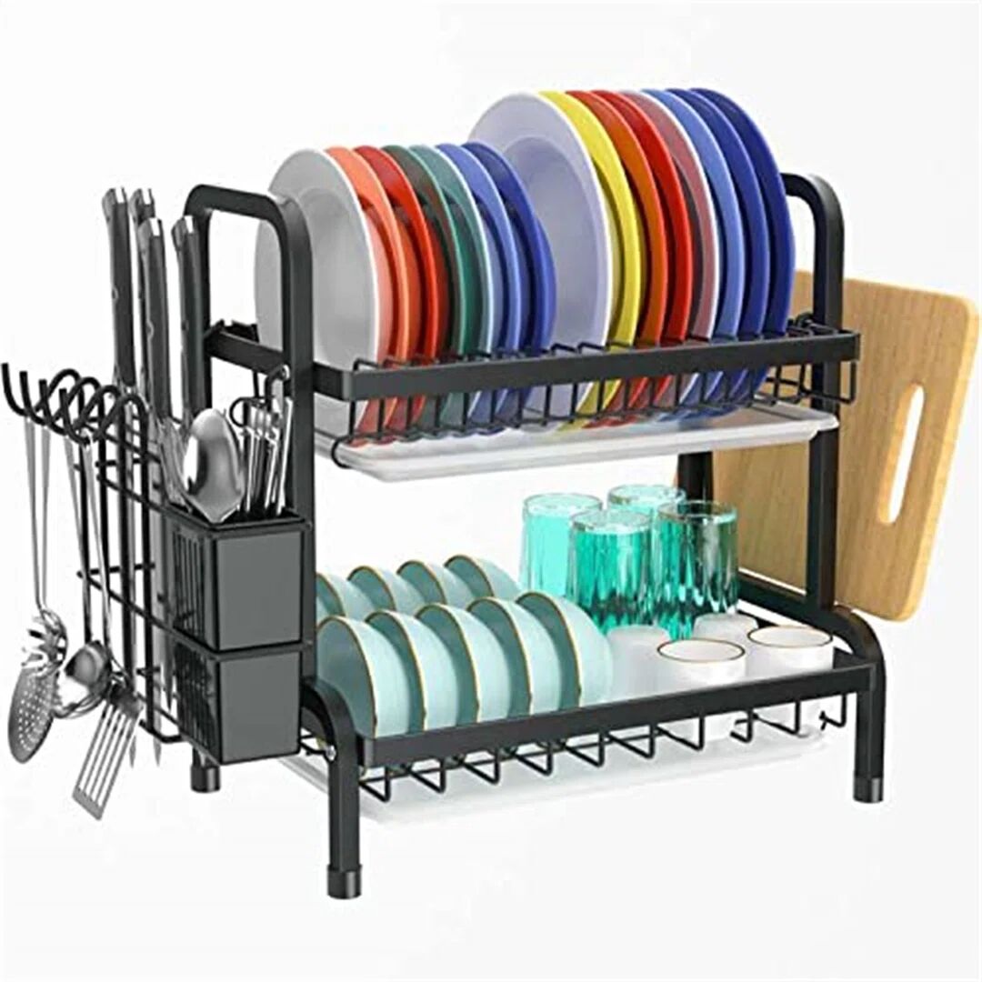 Belfry Kitchen 2 Tier Black Dish Drainer Rack, Stainless Steel Dish Drying Rack Kitchen, Dish Drainers Draining Board With Drip Tray, Rust Proof Large Dish Rack Wash gray 38.98 H x 58.0 W x 23.5 D cm