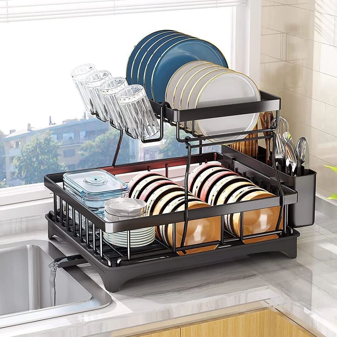 Belfry Kitchen Oliver Drip Tray & Utensil Holder 2 Tire Dish Rack gray 33.2 H x 41.6 W x 29.4 D cm