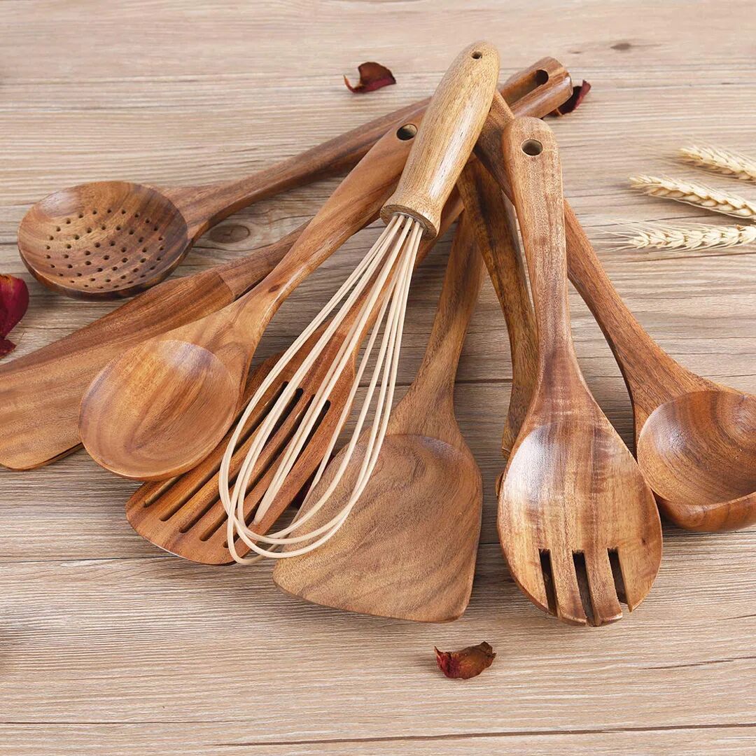 Union Rustic Kitchen Wooden Utensils For Cooking, Wood Utensil Natural Teak Wood Spoons For Cooking,Kitchen Utenails Set With Holder,Wooden Kitchen Utensil Set Wit brown