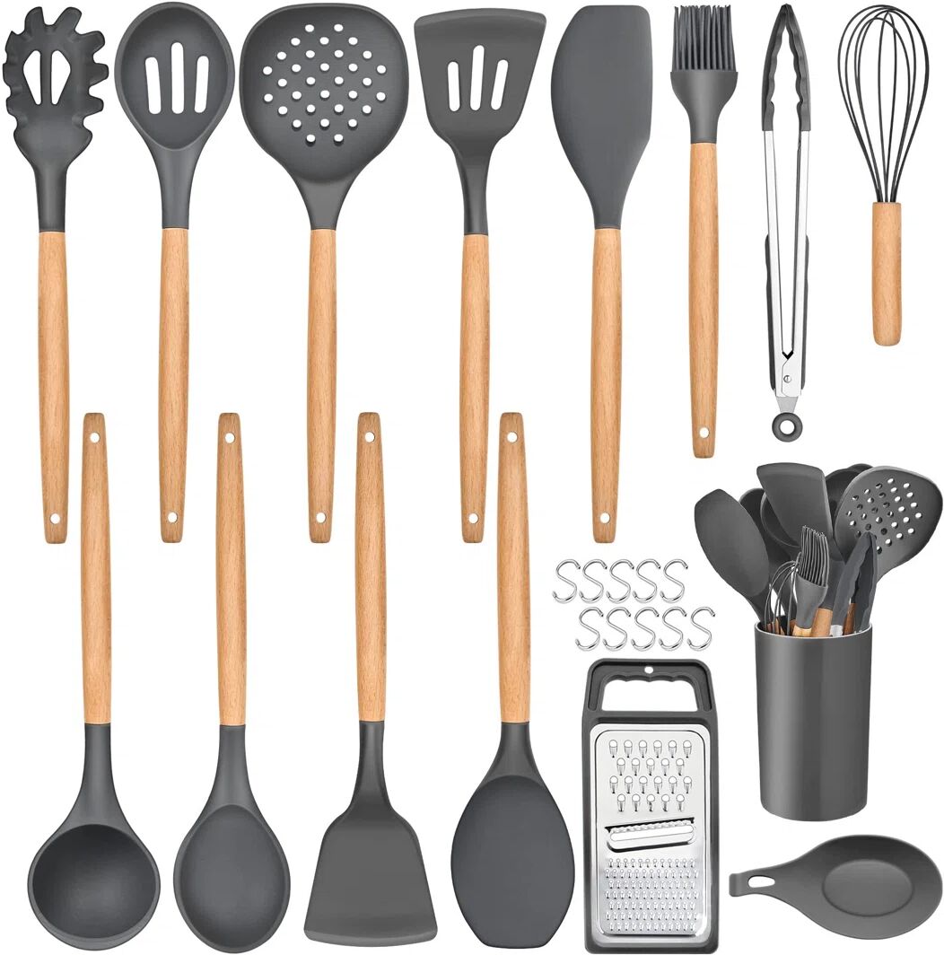 Belfry Kitchen Kitchen Utensils Set, 25 Pieces Soft Silicone Cooking Utensil Set With Holder, Natural Wooden Handle Kitchen Spatula Spoon For Cooking Baking, Non St gray