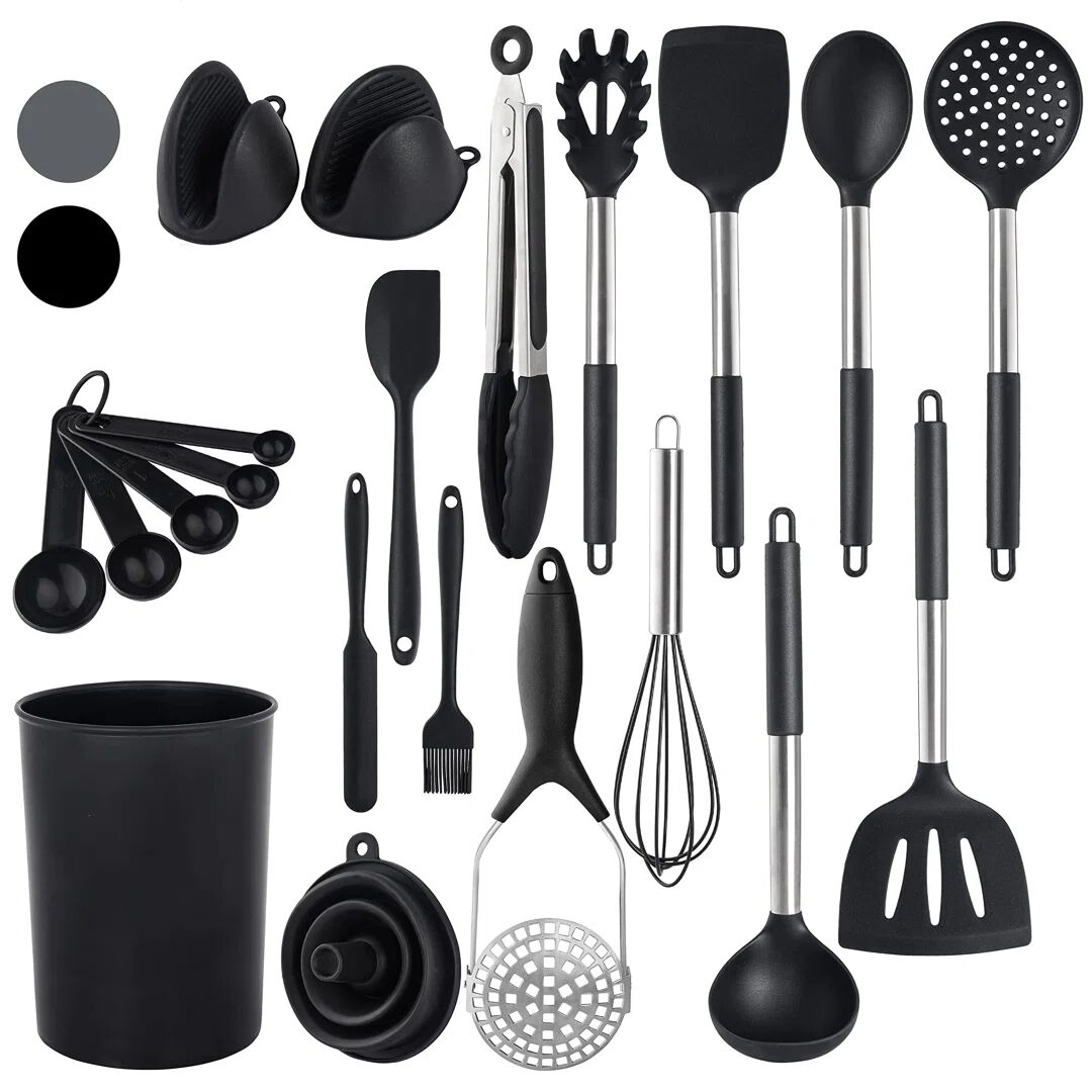 Belfry Kitchen Silicone Kitchen Utensil Set 21 Pcs Non-Stick Heat Resistant Cookware, Food Grade And Dishwasher Safe Cooking Utensils With Holder (Grey) black