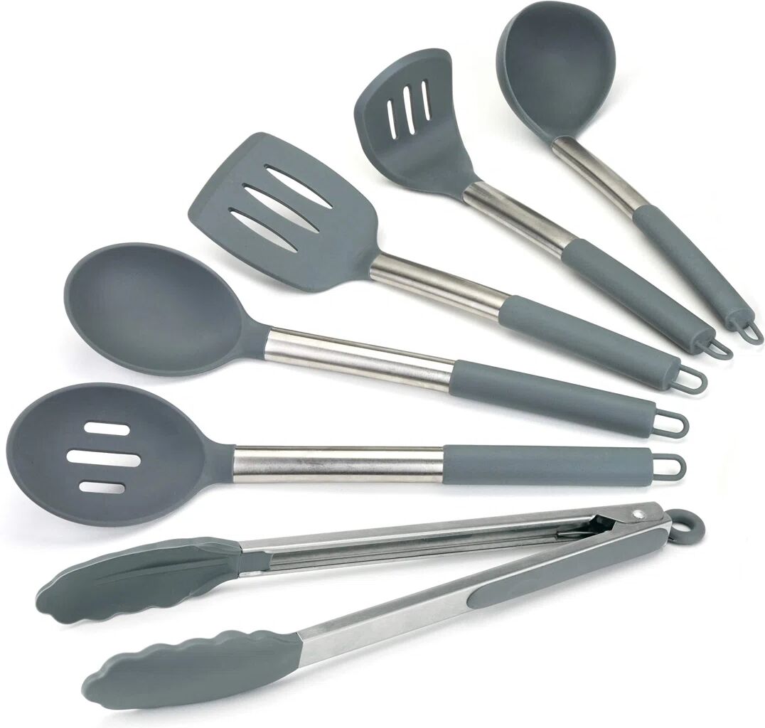 Belfry Kitchen Premium 6Pc Silicone Kitchen Utensil Set For Cooking. Sleek Grey And Brushed Stainless Steel. Includes; Tongs, Serving Spoon, Slotted Spoon & Turner, gray