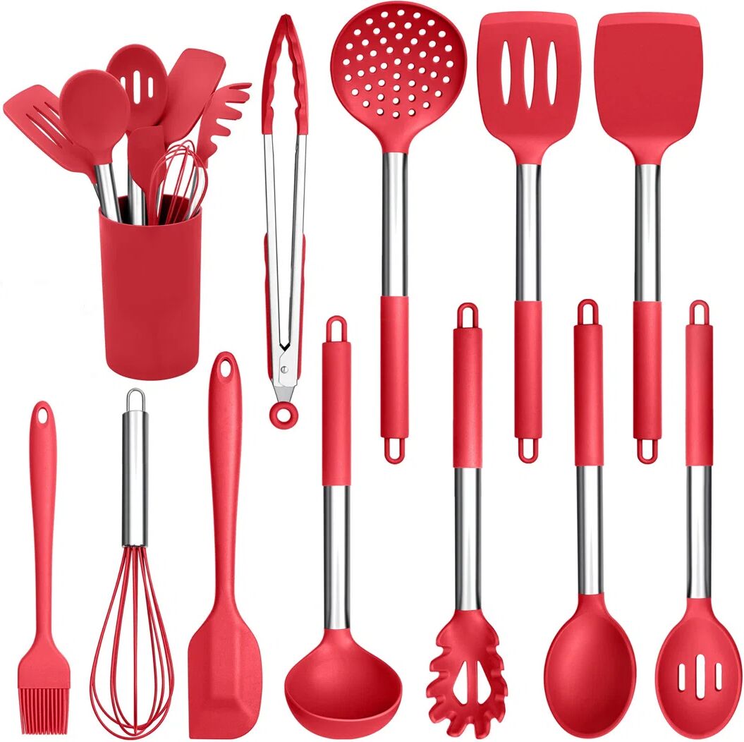 Belfry Kitchen Kitchen Utensils Set, 12 Pieces Silicone Cooking Utensils With Stainless Steel Handle, Heat Resistant Cooking Tools Turner Spoon Spatula Set With Hold red