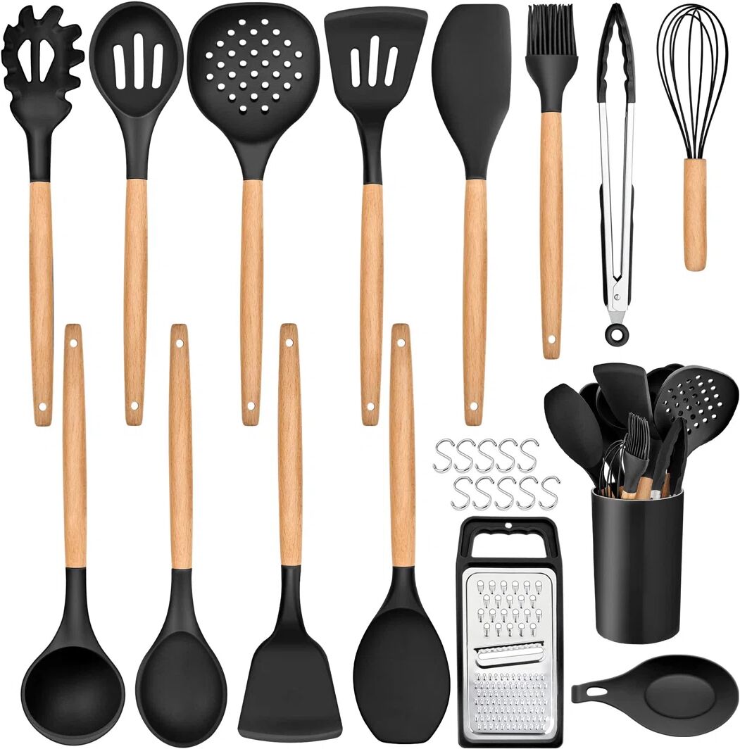 Belfry Kitchen Kitchen Utensils Set, 25 Pieces Soft Silicone Cooking Utensil Set With Holder, Natural Wooden Handle Kitchen Spatula Spoon For Cooking Baking, Non St black