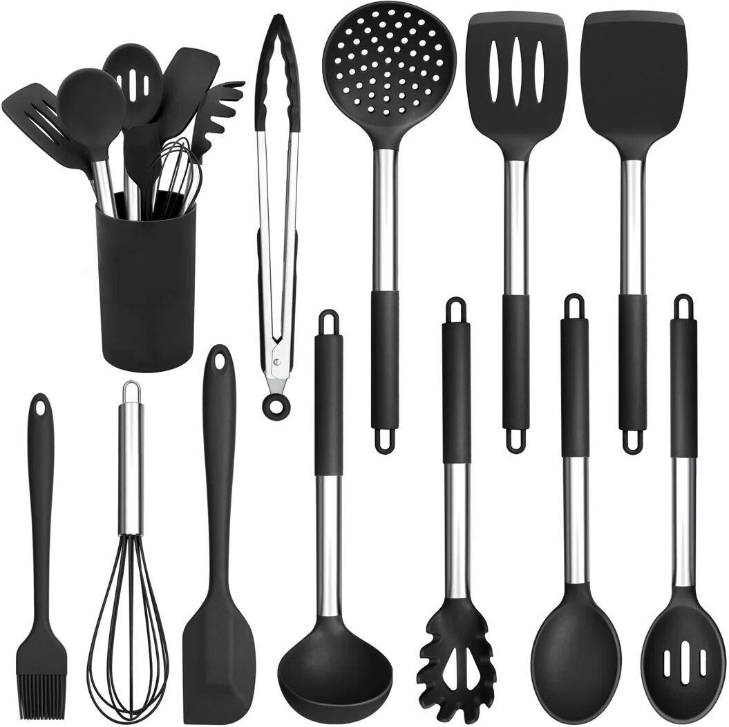 Belfry Kitchen Kitchen Utensils Set, 12 Pieces Silicone Cooking Utensils With Stainless Steel Handle, Heat Resistant Cooking Tools Turner Spoon Spatula Set With Hold black