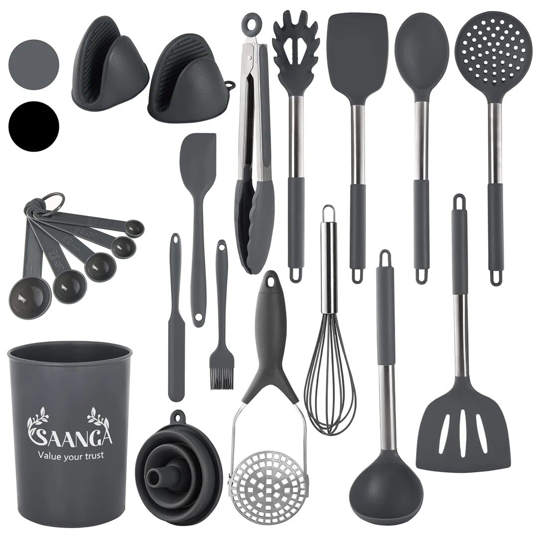 Belfry Kitchen Silicone Kitchen Utensil Set 21 Pcs Non-Stick Heat Resistant Cookware, Food Grade And Dishwasher Safe Cooking Utensils With Holder (Grey) gray