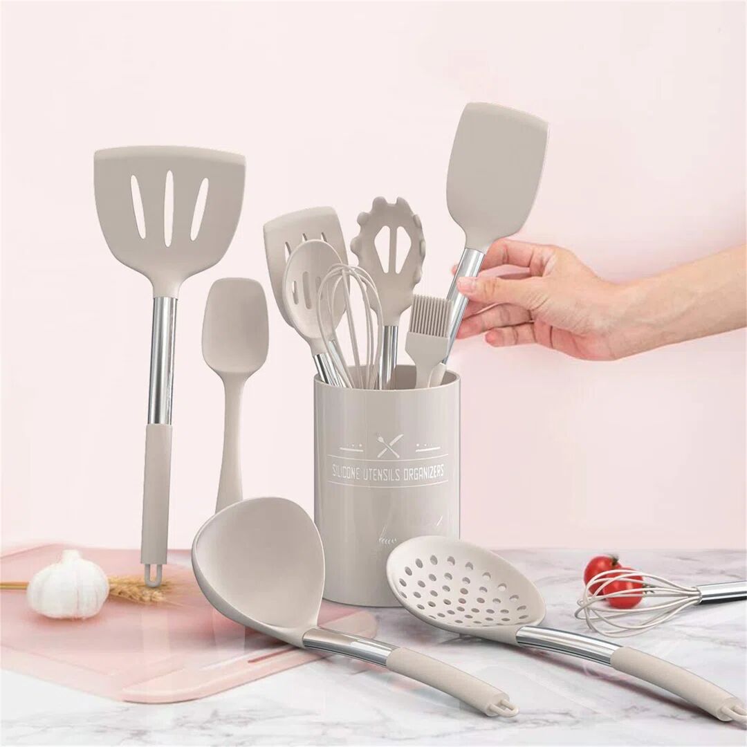 Belfry Kitchen Chef Kitchen Utensil Set, 15Pcs Silicone Cooking Kitchen Utensils Set, Cooking Tools Turner Tongs Spatula Spoon For Nonstick Heat Resistant Cookware - brown