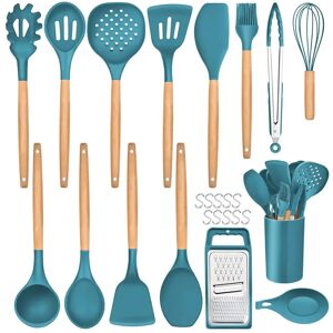 Belfry Kitchen Kitchen Utensils Set, 25 Pieces Soft Silicone Cooking Utensil Set With Holder, Natural Wooden Handle Kitchen Spatula Spoon For Cooking Baking, Non St blue