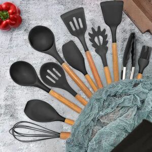 Union Rustic Kitchen Cooking Utensils Set, 12 Pcs Non-Stick Silicone Cooking Kitchen Utensils Spatula Set With Holder, Wooden Handle Heat Resistant Silicone Kitche black